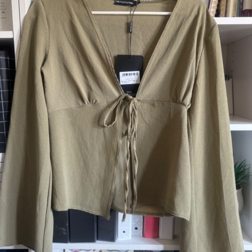 khaki shirt with bow tie bow detail